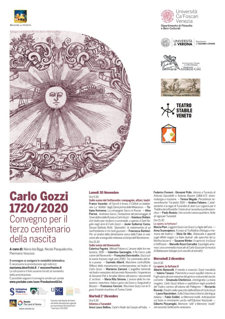 “Carlo Gozzi (1720-2020). Convegno per il terzo centenario della nascita”, a cura di M. I. Biggi, N. Pasqualicchio, P. Vescovo, 30 novembre-2 dicembre 2020