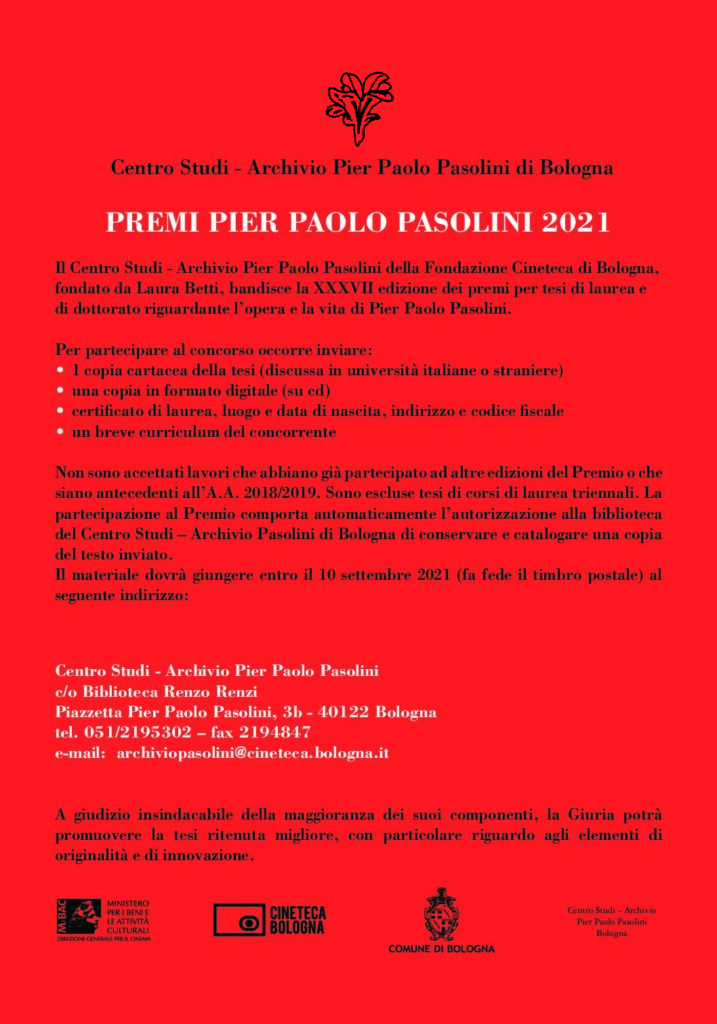 Premi “Pier Paolo Pasolini” 2021 Centro Studi-Archivio Pier Paolo Pasolini di Bologna – XXXVII edizione